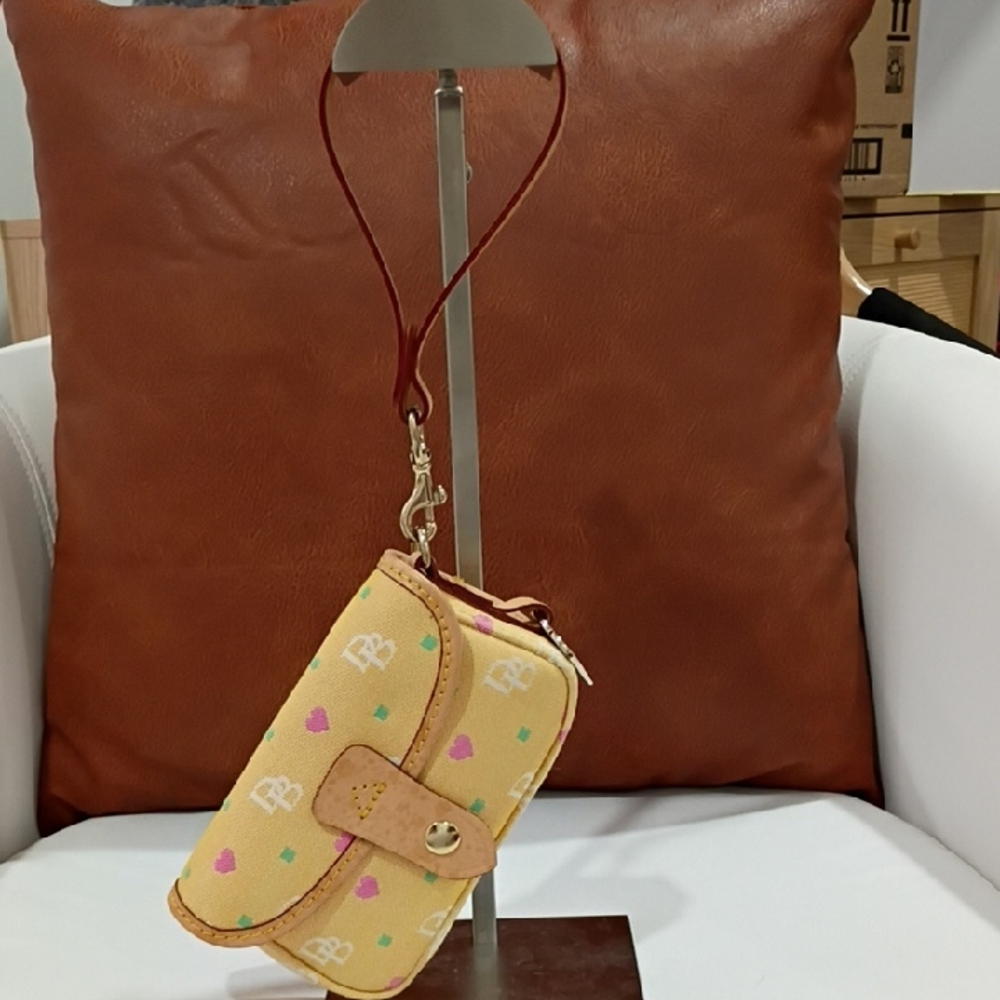 Dooney & Bourke Yellow Heart Print Wristlet Clutch with Tan Trim